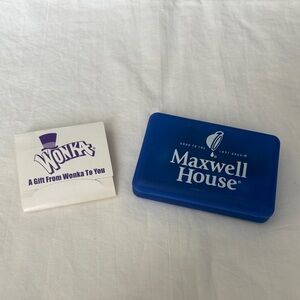 Maxwell House Blue Container and Wonka Gift Box Holding Golf Tees, Etc. Y2K